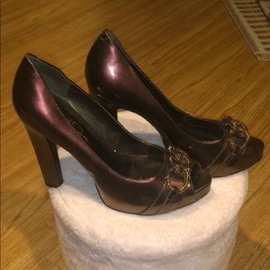 Jessica Simpson metallic bronze peep toe pumps